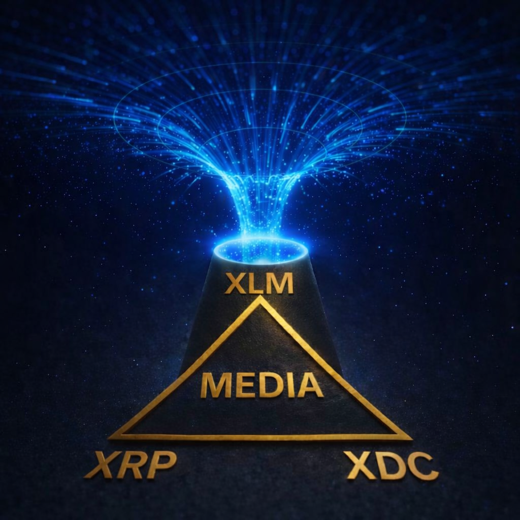 Blue lightning black hole portal opening into the XLM token economy, with a gold pyramid showing XLM at the top, XRP bottom left, XDC bottom right, and Media at the center